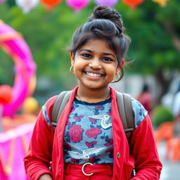 A confident and joyful Indian 16-year-old girl with a chubby figure, embodying a sense of style and individuality