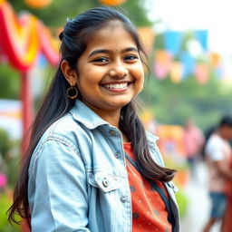 A confident and joyful Indian 16-year-old girl with a chubby figure, embodying a sense of style and individuality