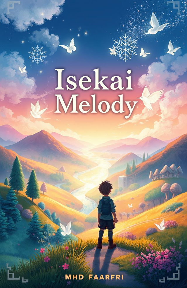 A book cover design for 'Isekai Melody' by MhdFahri, depicting a fantasy world filled with magic and adventure