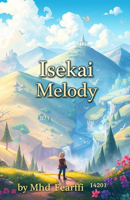 A book cover design for 'Isekai Melody' by MhdFahri, depicting a fantasy world filled with magic and adventure