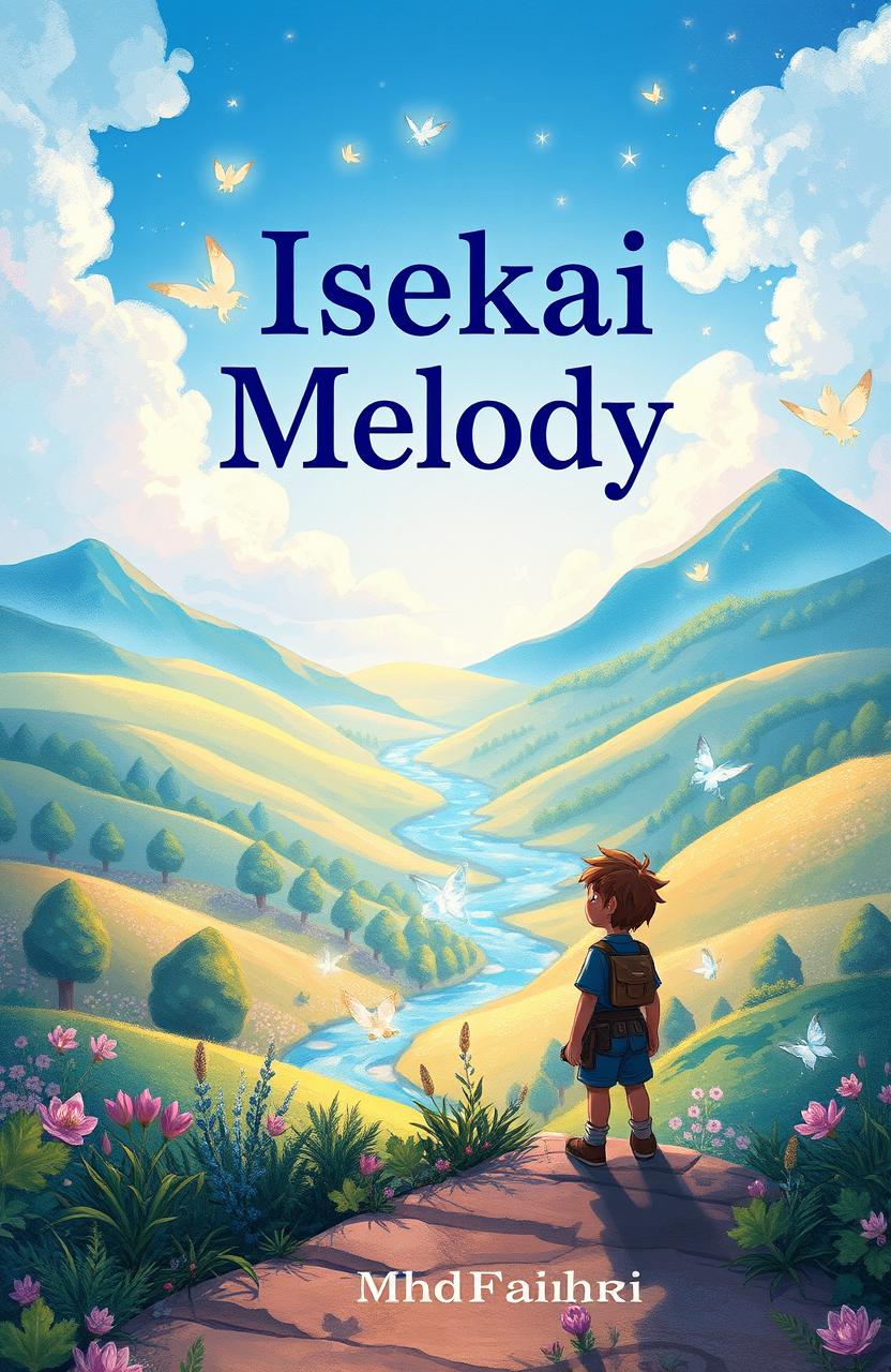 A book cover design for 'Isekai Melody' by MhdFahri, depicting a fantasy world filled with magic and adventure