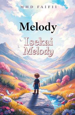 A book cover design for 'Isekai Melody' by MhdFahri, depicting a fantasy world filled with magic and adventure