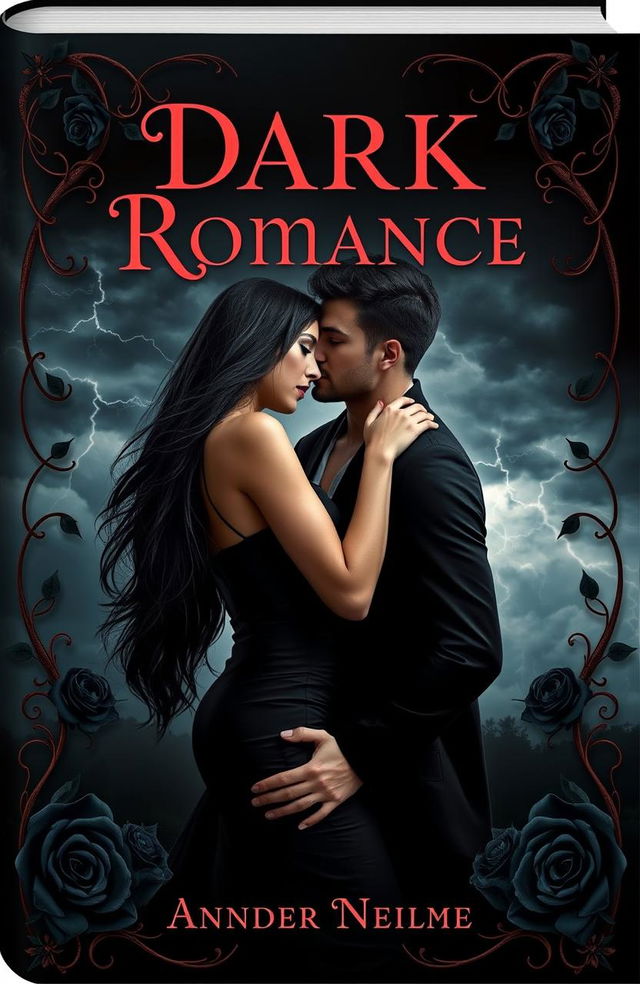 A captivating book cover design for a dark romance novel, featuring a mysterious couple in an intimate embrace