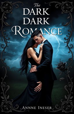 A captivating book cover design for a dark romance novel, featuring a mysterious couple in an intimate embrace