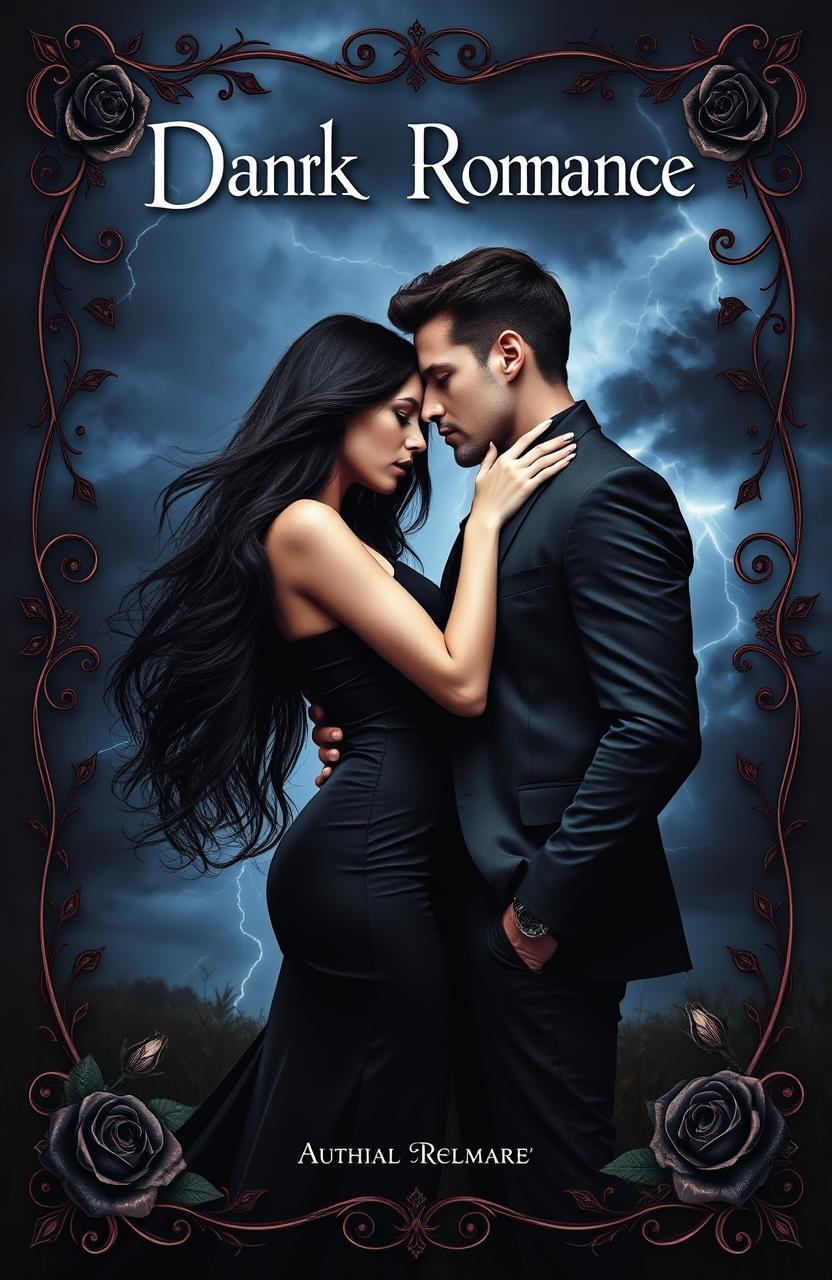 A captivating book cover design for a dark romance novel, featuring a mysterious couple in an intimate embrace