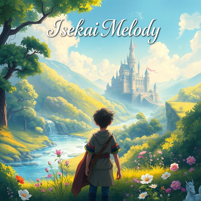 A stunning book cover design for 'Isekai Melody' by MhdFahri, illustrating a captivating fantasy world where magic and adventure abound