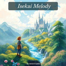 A stunning book cover design for 'Isekai Melody' by MhdFahri, illustrating a captivating fantasy world where magic and adventure abound