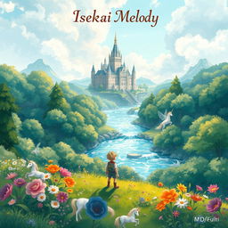 A stunning book cover design for 'Isekai Melody' by MhdFahri, illustrating a captivating fantasy world where magic and adventure abound