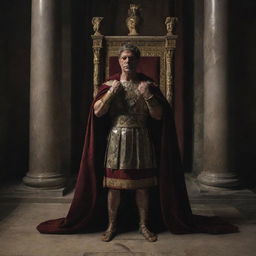 In the dim light of his chamber, the Roman king stands fraught with rage. His clenched fists and livid expressions convey a potent mix of anger and frustration against the backdrop of royal regalia.