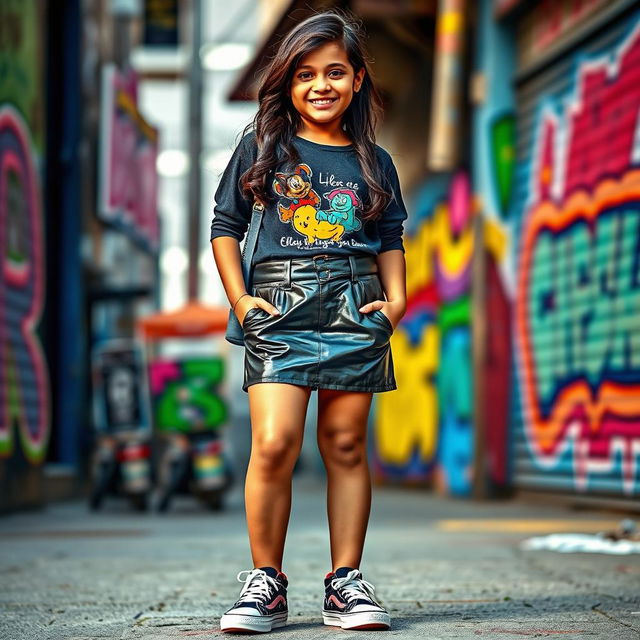 A fashionable Indian 16-year-old girl with a chubby figure, confidently wearing a stylish vinyl mini skirt paired with trendy shoes