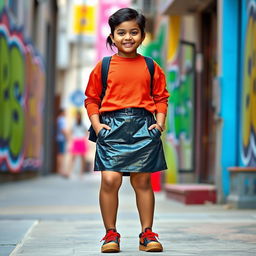 A fashionable Indian 16-year-old girl with a chubby figure, confidently wearing a stylish vinyl mini skirt paired with trendy shoes
