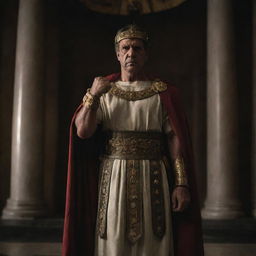 In the dim light of his chamber, the Roman king stands fraught with rage. His clenched fists and livid expressions convey a potent mix of anger and frustration against the backdrop of royal regalia.