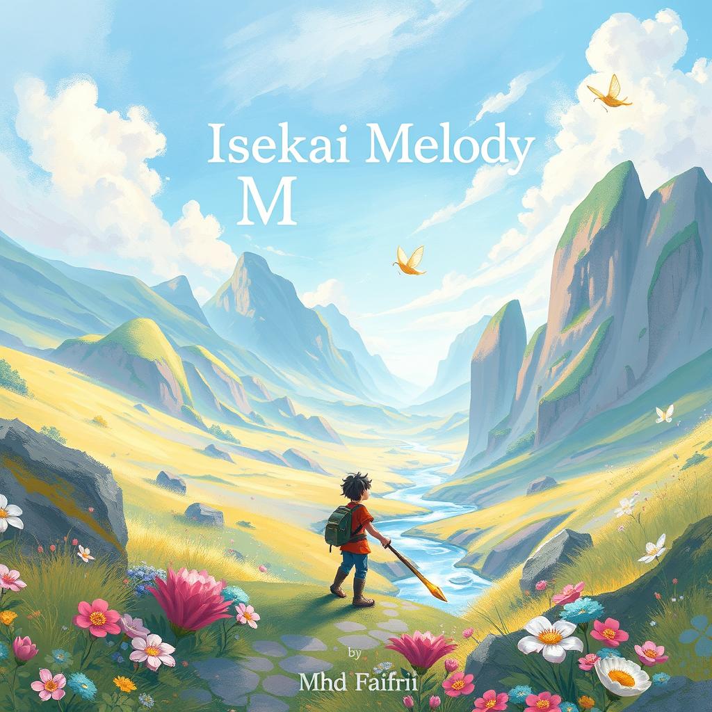 A stunning book cover design for 'Isekai Melody' by MhdFahri, capturing the essence of adventure in a vibrant fantasy world