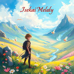 A stunning book cover design for 'Isekai Melody' by MhdFahri, capturing the essence of adventure in a vibrant fantasy world