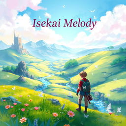 A stunning book cover design for 'Isekai Melody' by MhdFahri, capturing the essence of adventure in a vibrant fantasy world