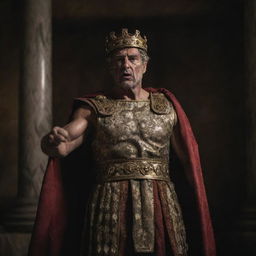 In the dim light of his chamber, the Roman king stands fraught with rage. His clenched fists and livid expressions convey a potent mix of anger and frustration against the backdrop of royal regalia.