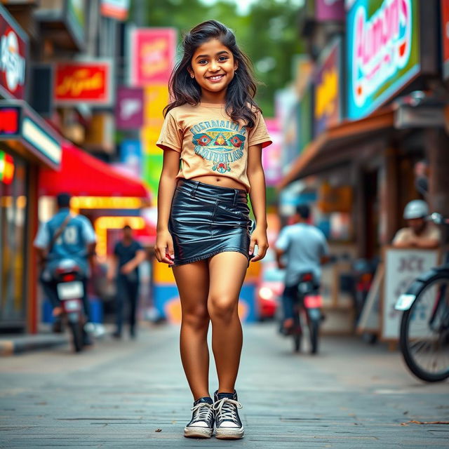 A fashionable Indian 16-year-old girl with a chubby figure, confidently wearing a tight vinyl mini skirt and trendy shoes