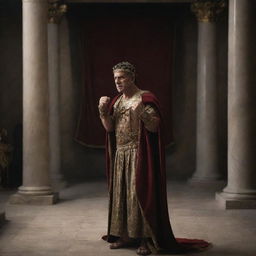 In the dim light of his chamber, the Roman king stands fraught with rage. His clenched fists and livid expressions convey a potent mix of anger and frustration against the backdrop of royal regalia.