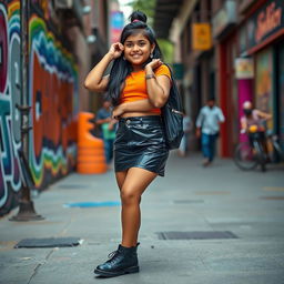 A fashionable Indian 16-year-old girl with a chubby figure, confidently wearing a tight vinyl mini skirt and stylish shoes
