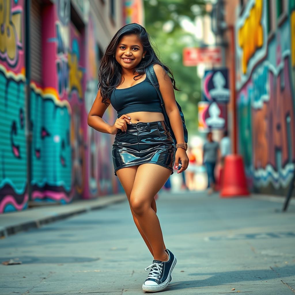 A fashionable Indian 16-year-old girl with a chubby figure, confidently wearing a tight vinyl mini skirt and stylish shoes