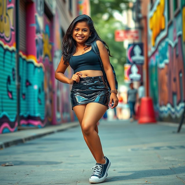 A fashionable Indian 16-year-old girl with a chubby figure, confidently wearing a tight vinyl mini skirt and stylish shoes