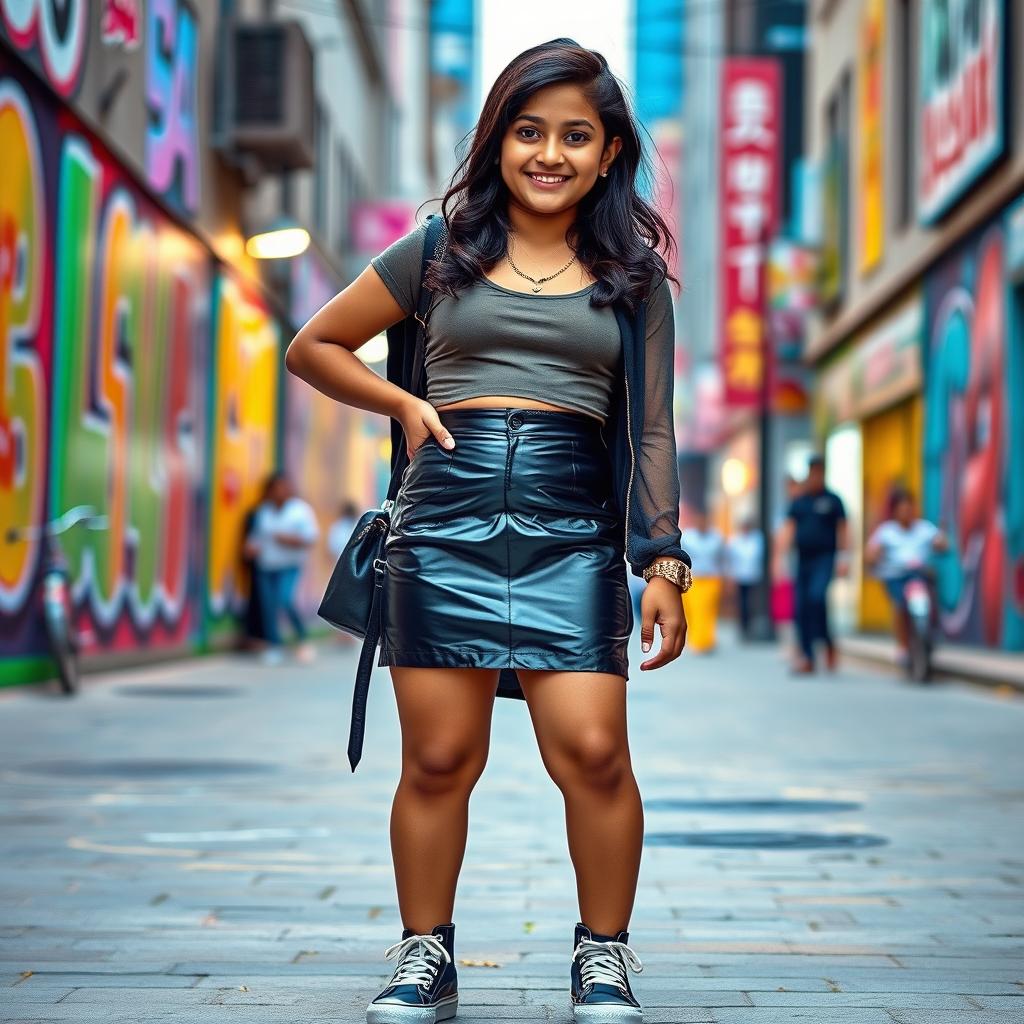 A fashionable Indian 16-year-old girl with a chubby figure, confidently wearing a tight vinyl mini skirt and stylish shoes