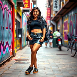 A fashionable Indian 16-year-old girl with a chubby figure, confidently wearing a tight vinyl mini skirt and stylish shoes