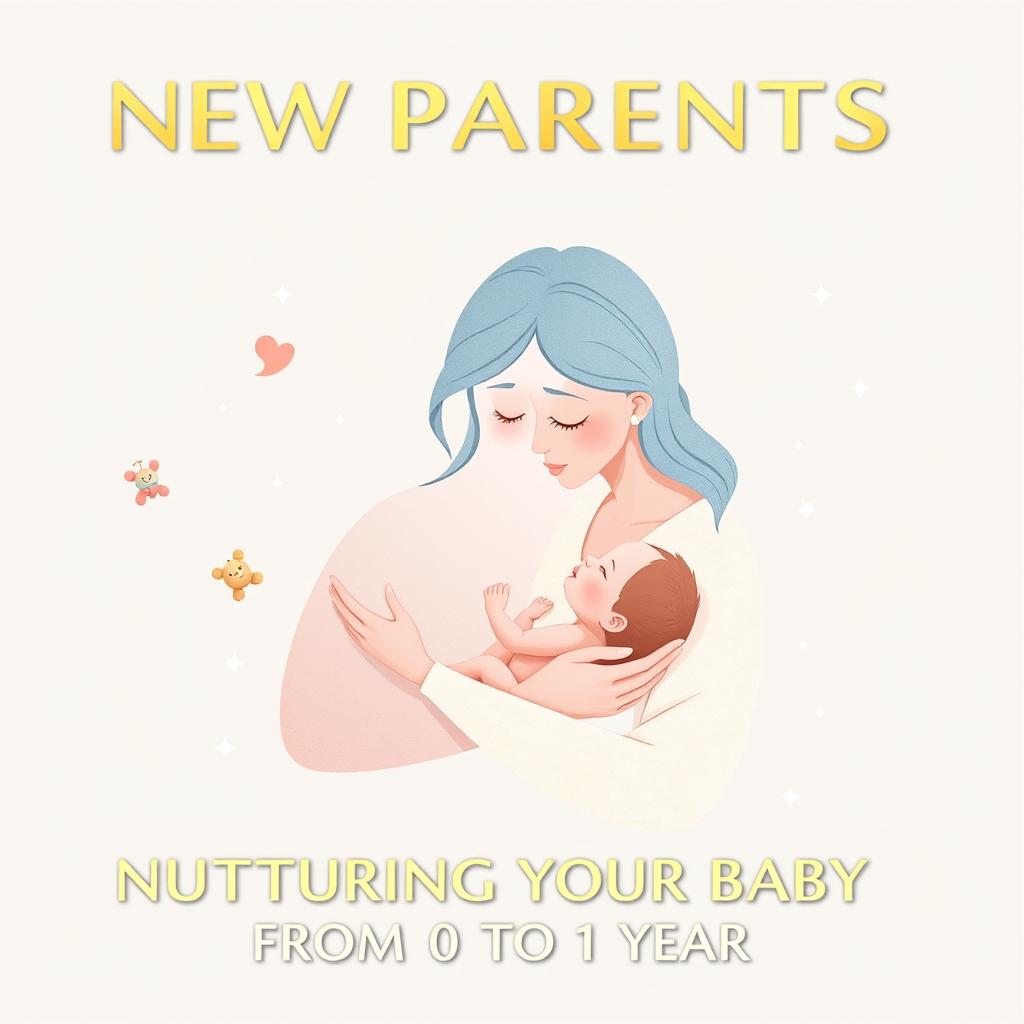 A serene and heartwarming eBook cover for 'NEW PARENTS GUIDE: NURTURING YOUR BABY FROM 0 TO 1 YEAR', featuring a delicate illustration of a parent gently cradling a baby, surrounded by soft pastel hues of baby blue, pale pink, and creamy white, reminiscent of a warm whisper