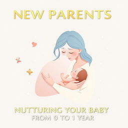 A serene and heartwarming eBook cover for 'NEW PARENTS GUIDE: NURTURING YOUR BABY FROM 0 TO 1 YEAR', featuring a delicate illustration of a parent gently cradling a baby, surrounded by soft pastel hues of baby blue, pale pink, and creamy white, reminiscent of a warm whisper