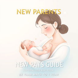 A serene and heartwarming eBook cover for 'NEW PARENTS GUIDE: NURTURING YOUR BABY FROM 0 TO 1 YEAR', featuring a delicate illustration of a parent gently cradling a baby, surrounded by soft pastel hues of baby blue, pale pink, and creamy white, reminiscent of a warm whisper