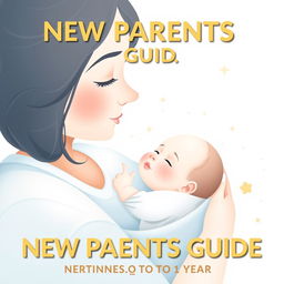 A serene and heartwarming eBook cover for 'NEW PARENTS GUIDE: NURTURING YOUR BABY FROM 0 TO 1 YEAR', featuring a delicate illustration of a parent gently cradling a baby, surrounded by soft pastel hues of baby blue, pale pink, and creamy white, reminiscent of a warm whisper