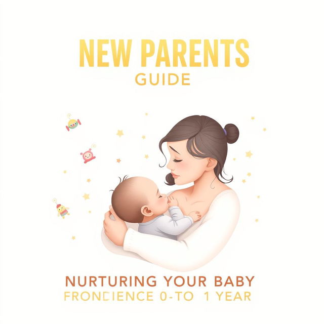 A serene and heartwarming eBook cover for 'NEW PARENTS GUIDE: NURTURING YOUR BABY FROM 0 TO 1 YEAR', featuring a delicate illustration of a parent gently cradling a baby, surrounded by soft pastel hues of baby blue, pale pink, and creamy white, reminiscent of a warm whisper