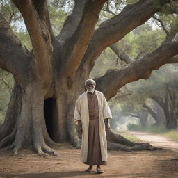 Under the tranquil canopy of ancient trees in King Alex's village, an elder scholar arrives. His wise, wrinkled face and weathered robes strike a contrast with the pastoral settings, as his arrival brings with it a sense of reverence.