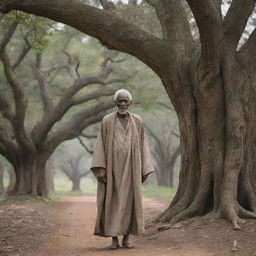 Under the tranquil canopy of ancient trees in King Alex's village, an elder scholar arrives. His wise, wrinkled face and weathered robes strike a contrast with the pastoral settings, as his arrival brings with it a sense of reverence.