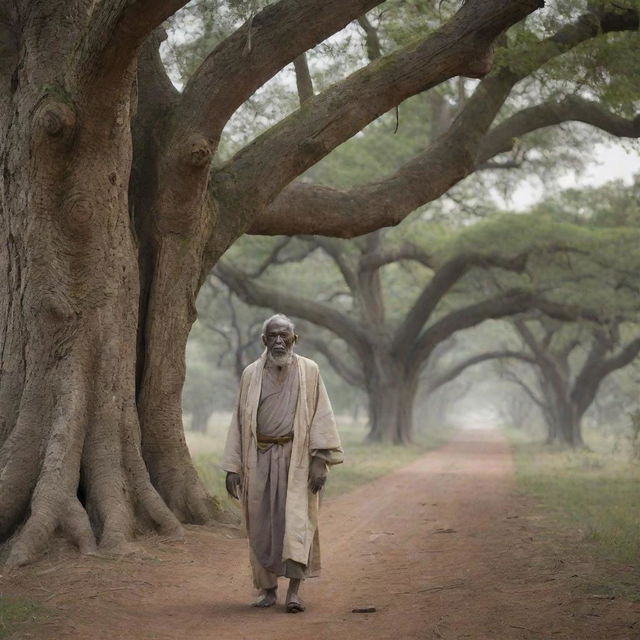 Under the tranquil canopy of ancient trees in King Alex's village, an elder scholar arrives. His wise, wrinkled face and weathered robes strike a contrast with the pastoral settings, as his arrival brings with it a sense of reverence.