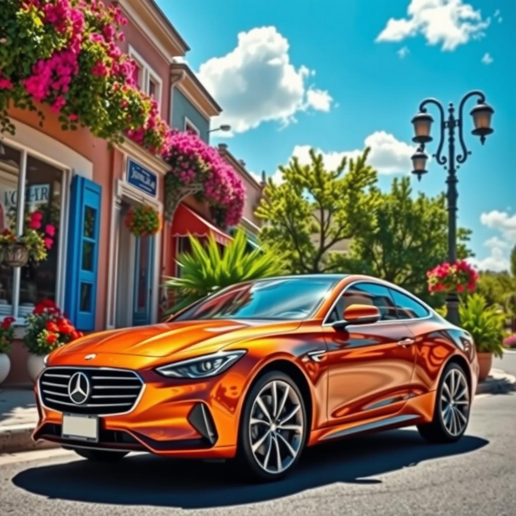 A vibrant scene featuring a stylish car parked on a picturesque street, surrounded by lush greenery and blooming flowers