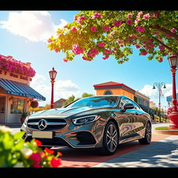 A vibrant scene featuring a stylish car parked on a picturesque street, surrounded by lush greenery and blooming flowers