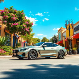 A vibrant scene featuring a stylish car parked on a picturesque street, surrounded by lush greenery and blooming flowers
