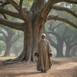 Under the tranquil canopy of ancient trees in King Alex's village, an elder scholar arrives. His wise, wrinkled face and weathered robes strike a contrast with the pastoral settings, as his arrival brings with it a sense of reverence.