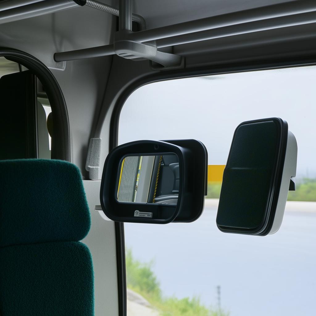 A set of sturdy rearview mirrors on a penitentiary bus, built for security and clear vision.