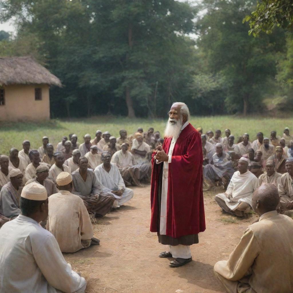 Amidst the rustic charm of the village, the elder scholar preaches to the villagers. Every eye is fixed upon the wise figure, his solemn words resonate in the silent crowd, creating a powerful tableaux against the backdrop of King Alex's dominion.