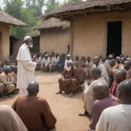 Amidst the rustic charm of the village, the elder scholar preaches to the villagers. Every eye is fixed upon the wise figure, his solemn words resonate in the silent crowd, creating a powerful tableaux against the backdrop of King Alex's dominion.