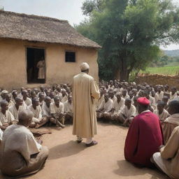 Amidst the rustic charm of the village, the elder scholar preaches to the villagers. Every eye is fixed upon the wise figure, his solemn words resonate in the silent crowd, creating a powerful tableaux against the backdrop of King Alex's dominion.