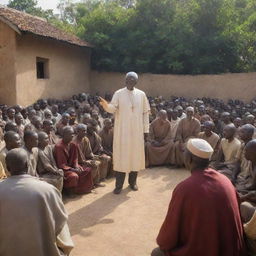 Amidst the rustic charm of the village, the elder scholar preaches to the villagers. Every eye is fixed upon the wise figure, his solemn words resonate in the silent crowd, creating a powerful tableaux against the backdrop of King Alex's dominion.