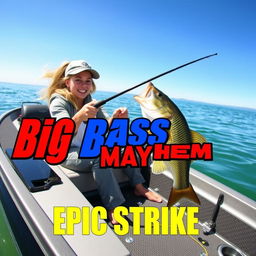 A vibrant vertical thumbnail showcasing a young woman fishing from a sleek, modern boat in a dynamic scene