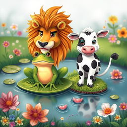 A whimsical and imaginative scene featuring two fantastical creatures: a frog with the majestic face of a lion, displaying a fluffy mane and fierce expression, perched on a lily pad in a serene pond