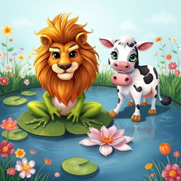 A whimsical and imaginative scene featuring two fantastical creatures: a frog with the majestic face of a lion, displaying a fluffy mane and fierce expression, perched on a lily pad in a serene pond