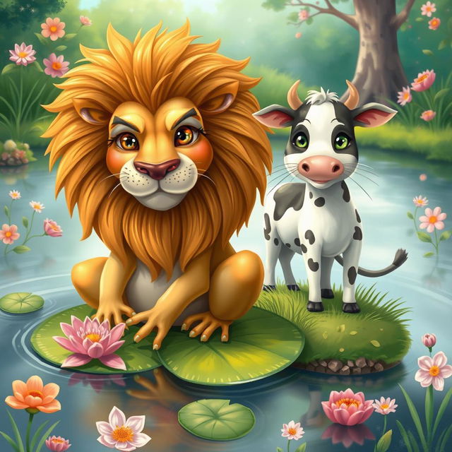 A whimsical and imaginative scene featuring two fantastical creatures: a frog with the majestic face of a lion, displaying a fluffy mane and fierce expression, perched on a lily pad in a serene pond