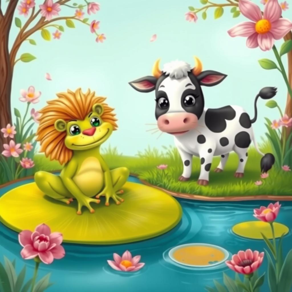 A whimsical and imaginative scene featuring two fantastical creatures: a frog with the majestic face of a lion, displaying a fluffy mane and fierce expression, perched on a lily pad in a serene pond