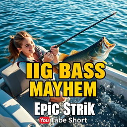 A vibrant vertical thumbnail showcasing a young woman fishing from a modern boat in a dynamic and exciting scene